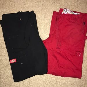 Dickies black scrub pants and Koi red scrub pants